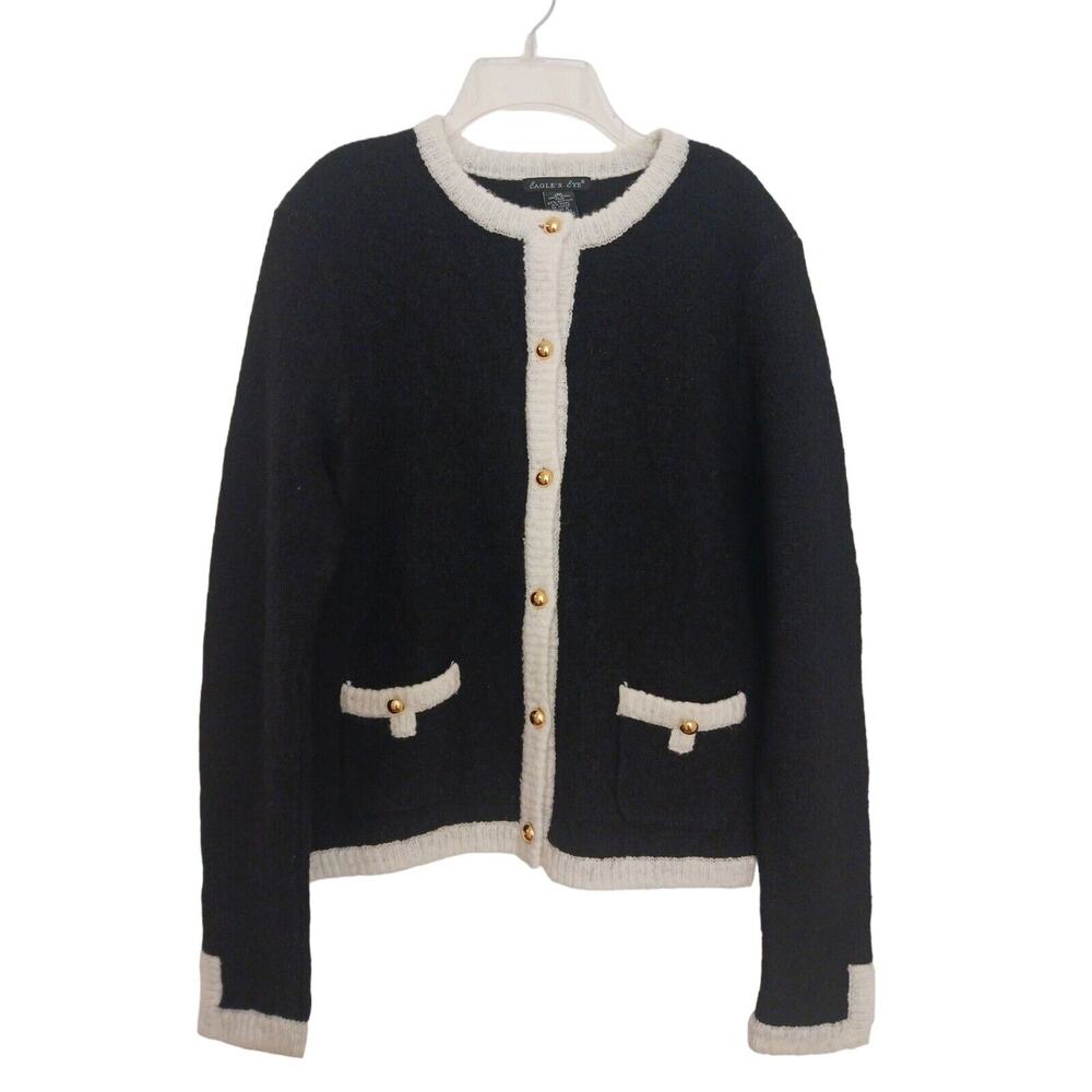 WOOL Cardigan Sweater Sz M BLACK White Gold Buttons Preppy Holiday Old Money Vtg